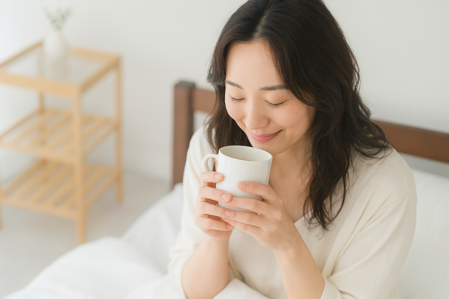 両手でカップを持つ女性